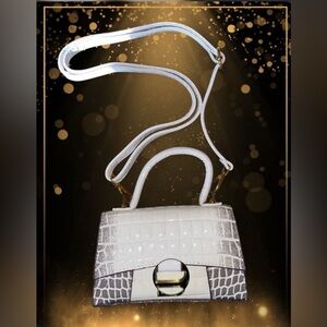 Gorgeous White Embossed Crocodile Print Vegan Leather Hourglass Bag w/ Strap | S